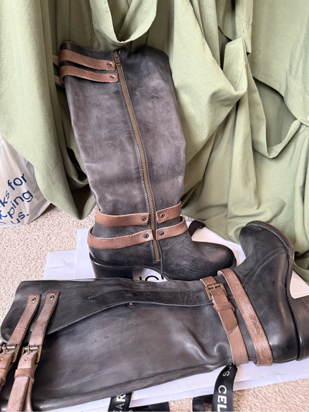 Freebird by Steven Tall Leather Riding Boots in Black with Brown Straps